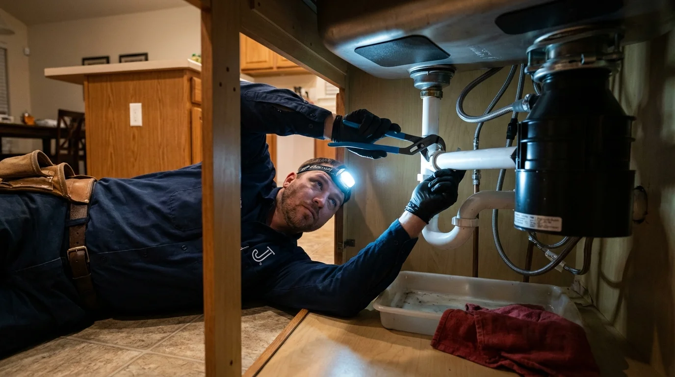 P-trap and supply line connections under a kitchen sink showing a common leak point in Savannah, TN
